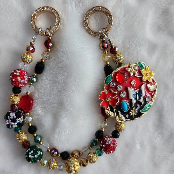 Colorful Beaded Purse Charm with Floral Pendant Bag Charm Chain - Picture 2 of 7